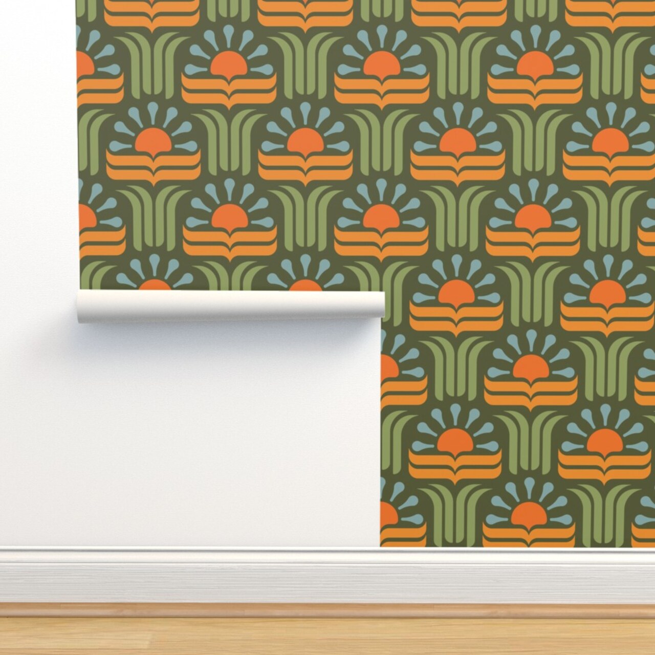Geometric Floral Retro Botanical Art Nouveau 70S Groovy Boho Scandi Orange Green Custom Removable Wallpaper by Spoonflower Peel & Stick Wallpaper 2FT Wide